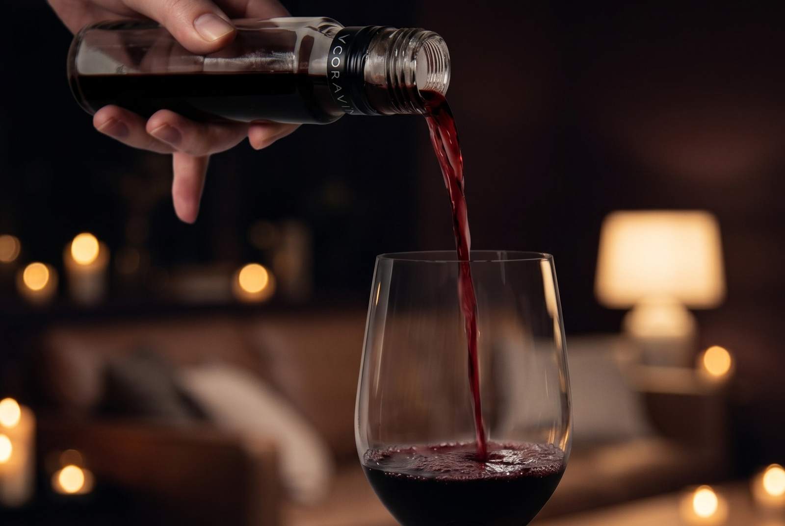 A hand pouring red wine from a Somel&igrave; 100 ml tasting experience into a glass in a candlelit lounge